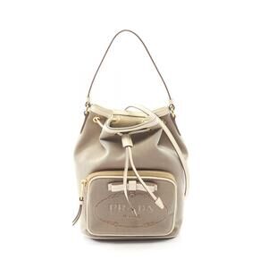 PRADA Logo Jacquard Handbag Canvas Leather Beige Tan White